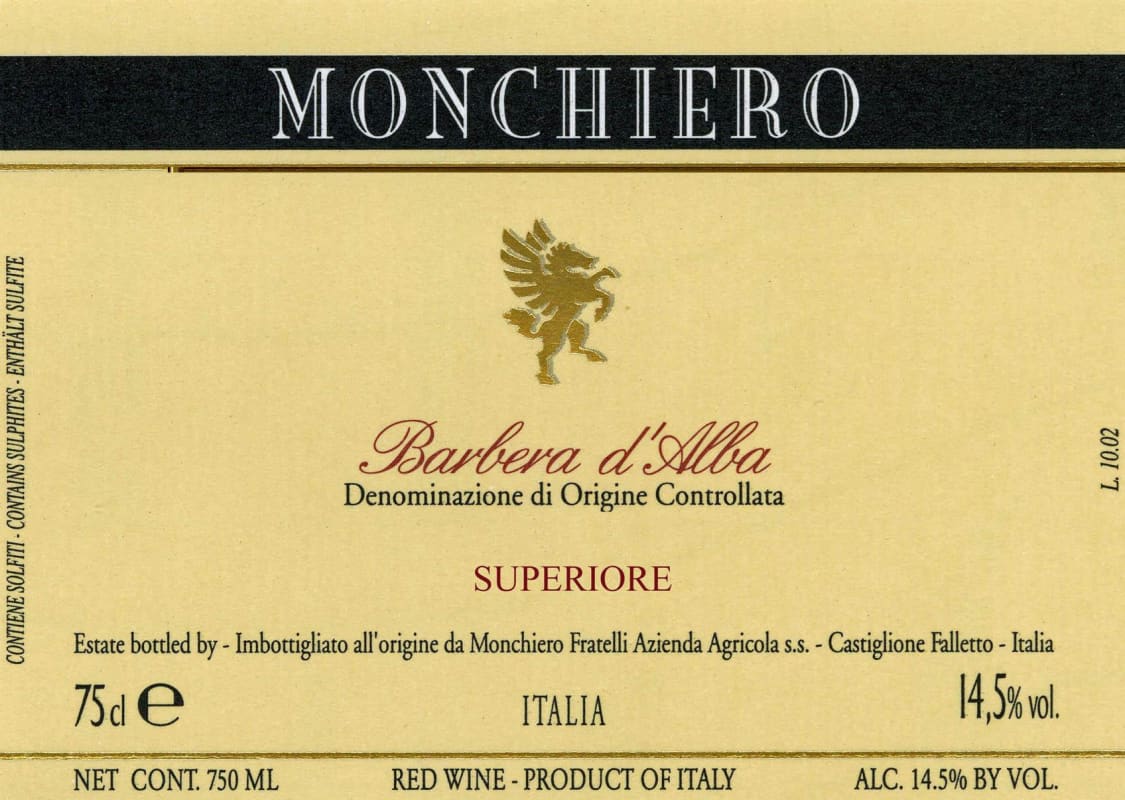 Monchiero Barbera d'Alba Superiore 2015 Front Label