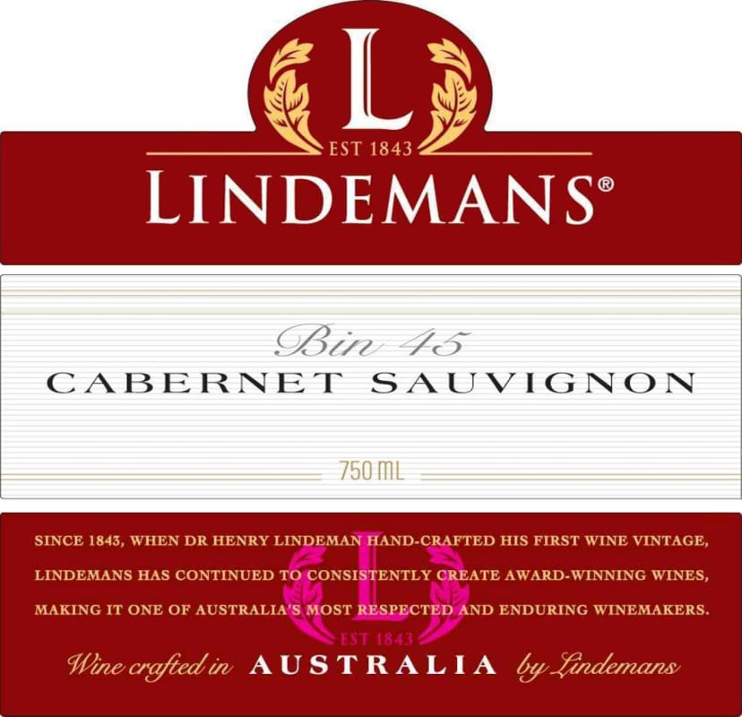Lindeman’s Bin Series Bin 45 Cabernet Sauvignon 2016 Front Label