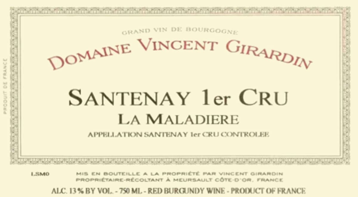 Vincent Girardin Santenay La Maladiere Premier Cru 2002 Front Label