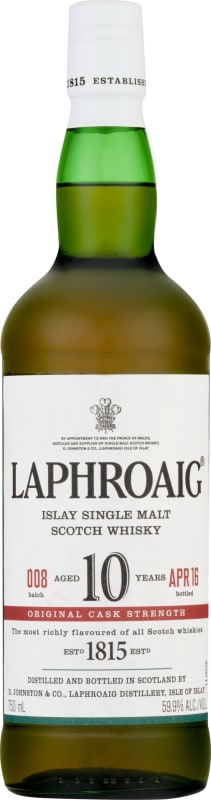 Laphroaig 10 Year Cask Strength Single Malt Scotch Whisky Front Bottle Shot