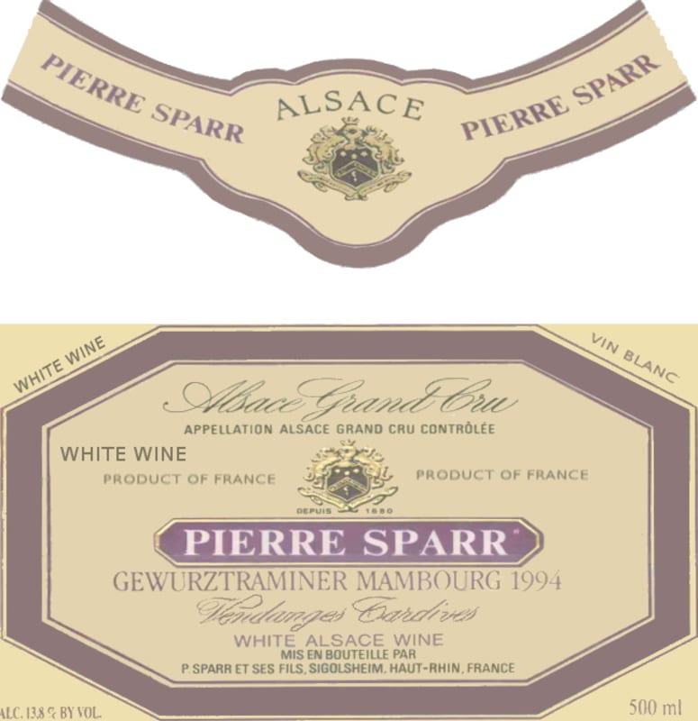 Pierre Sparr Alsace Vendanges Tardives Gewurztraminer 2000 Front Label