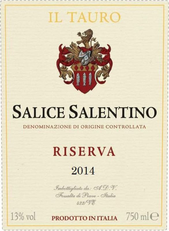 A.D.V. Salice Salentino Il Tauro Riserva 2014 Front Label