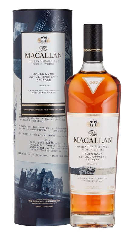 The Macallan James Bond 60th Anniversary Decade 6 Single Malt Scotch Whisky with Gift Box Front Bottle Shot