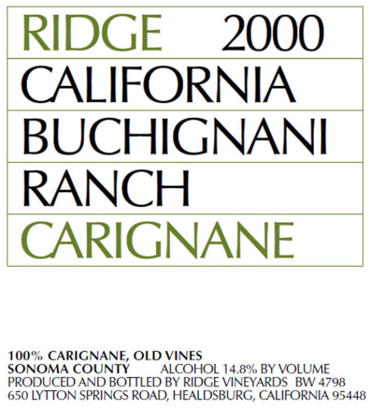 Ridge Buchignani Ranch Carignane 2000 Front Label