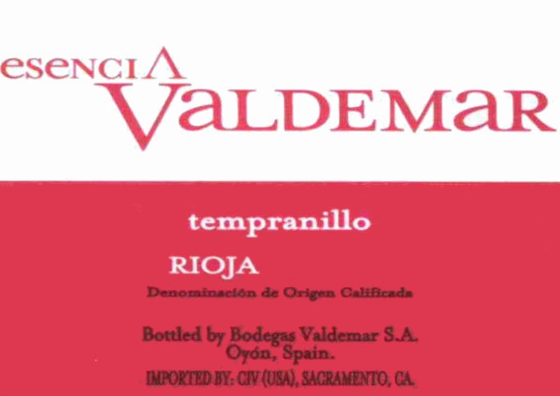 Bodegas Valdemar Esencia Tempranillo 2013 Front Label