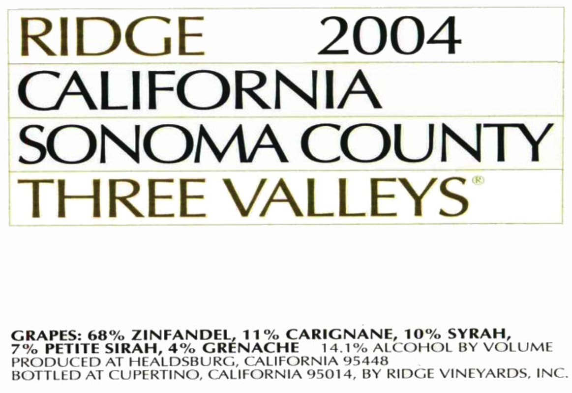 Ridge Three Valleys Zinfandel 2004 Front Label