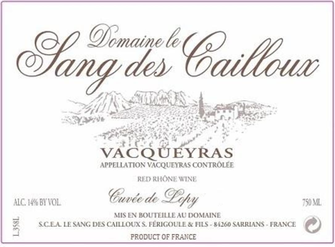 Dom. Le Sang Des Cailloux Vacqueyras 2015 Front Label