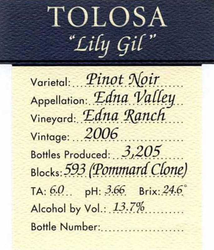 Tolosa Winery Lily Gil Pinot Noir 2006 Front Label