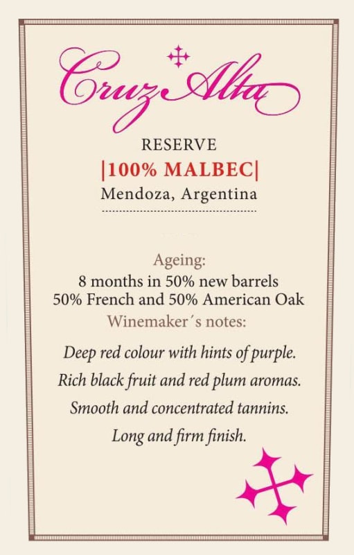 Cruz Alta Reserve Malbec 2015 Front Label