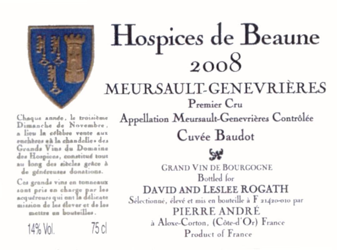 Hospices Civiles de Beaune Meursault-Genevrieres Cuvee Baudot Premier Cru 2008 Front Label