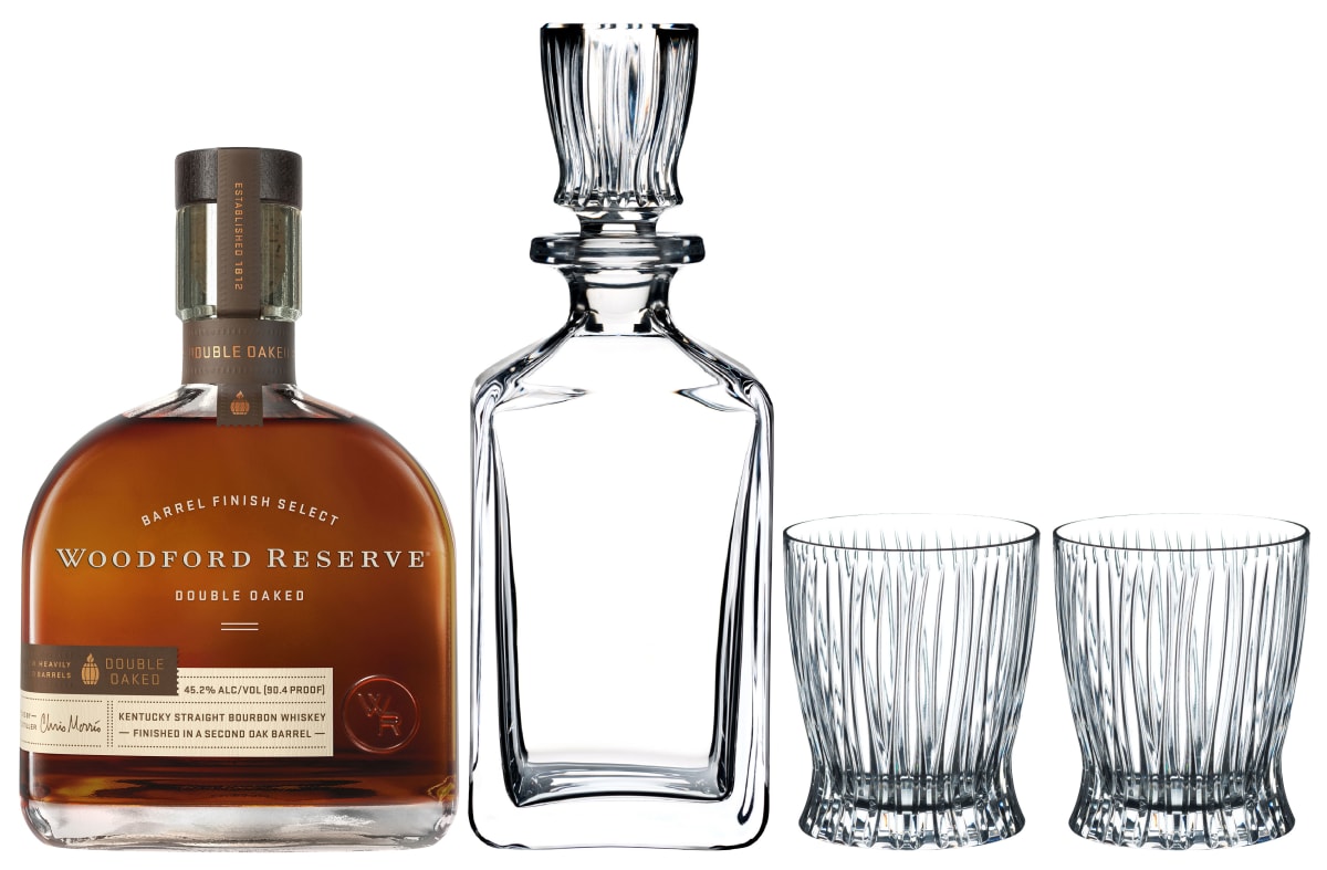 Woodford Reserve Double Oaked Bourbon Whiskey & Riedel Gift Set Front Bottle Shot