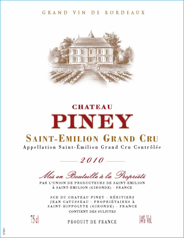 Chateau Piney Saint Emilion Grand Cru 2010 Front Label
