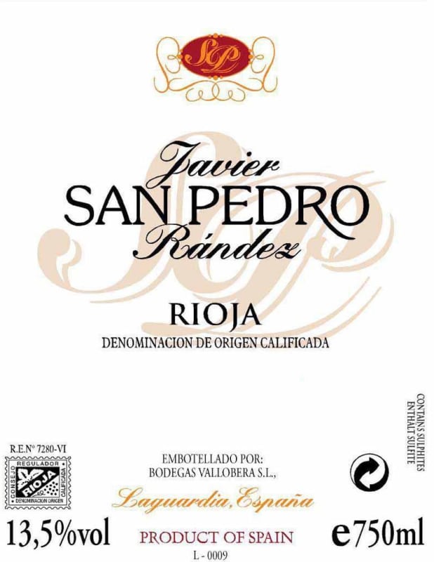 Bodegas Javier San Pedro Rioja Randez Tempranillo 2015 Front Label