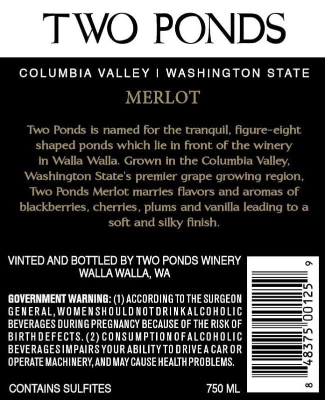 Waterbrook Two Ponds Merlot 2011 Front Bottle Shot