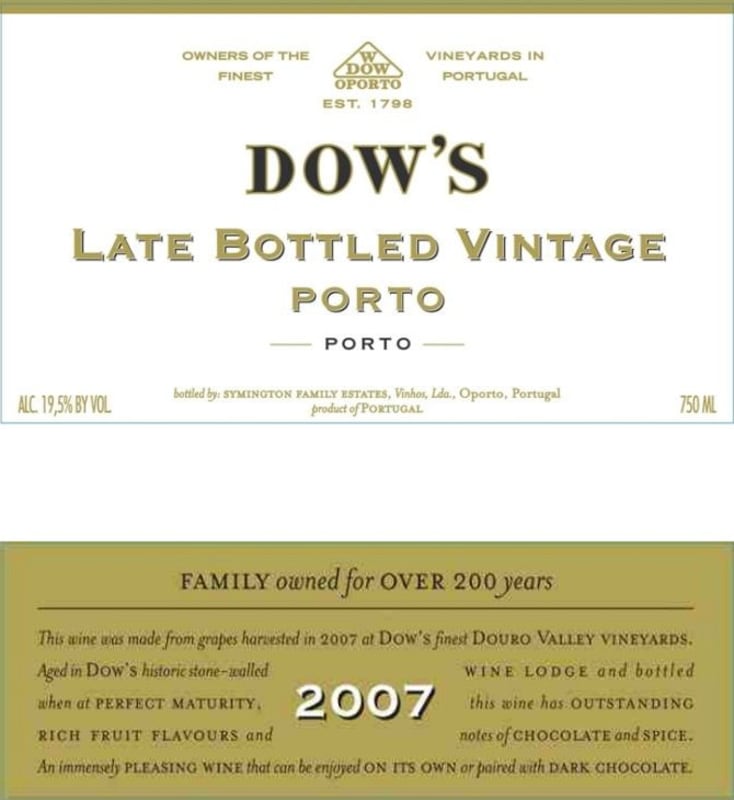Dow's Master Late Bottled Vintage Port 2007 Front Label