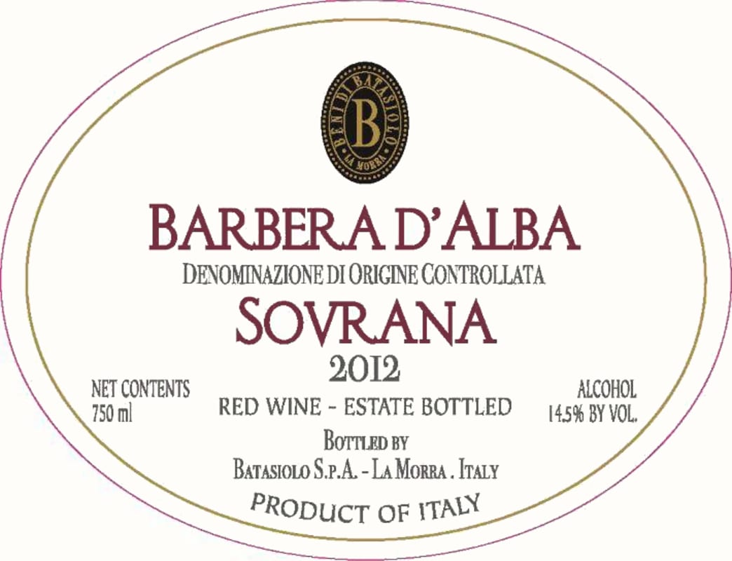 Beni di Batasiolo Barbera d'Alba Sovrana 2012 Front Label