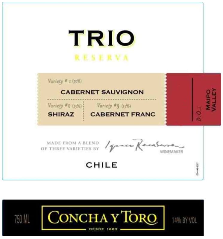 Concha y Toro Trio Reserva 2016 Front Label