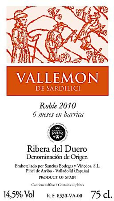 Sancius Ribera del Duero Roble Vallemon de Sardilici Tempranillo 2010 Front Label