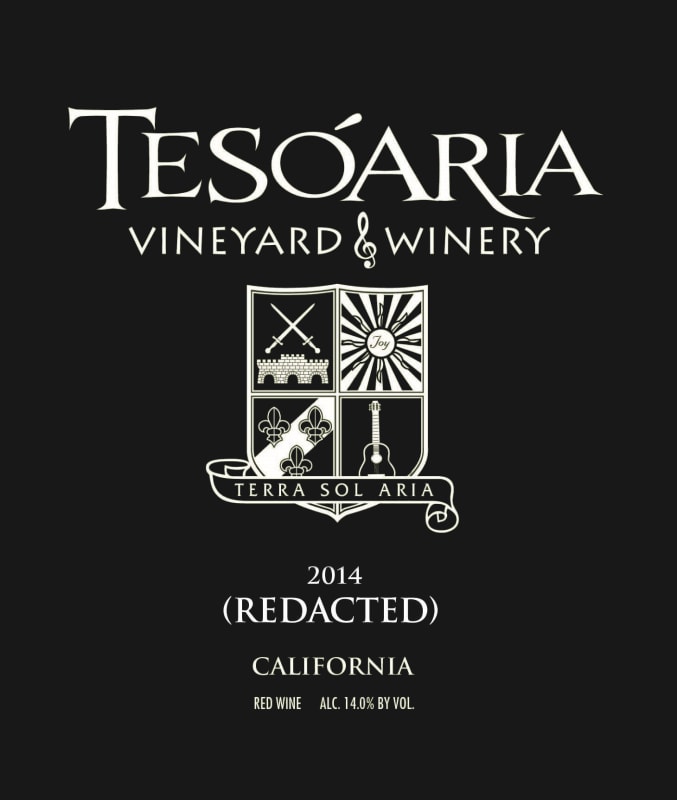 Tesoaria Vineyard & Winery Redacted 2014 Front Label