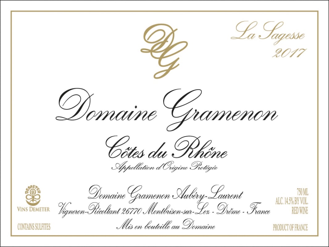 Domaine Gramenon Cotes du Rhone La Sagesse 2017 Front Label