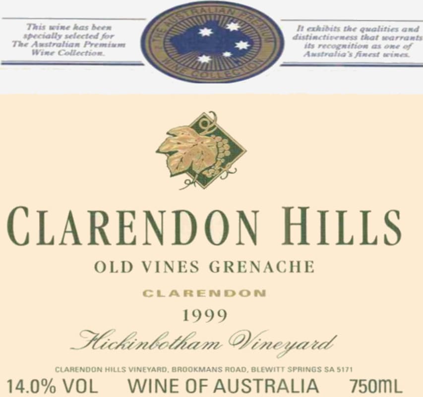 Clarendon Hills Kangarilla Grenache 1999 Front Label