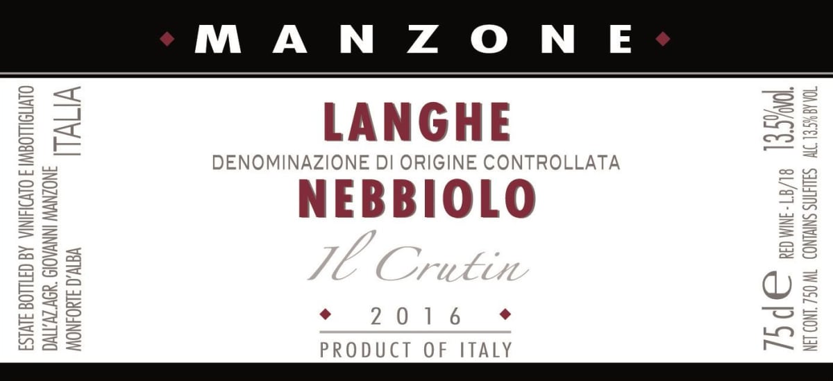 Manzone Langhe Il Crutin Nebbiolo 2016 Front Label