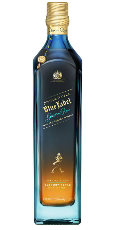 Johnnie Walker Blue Label Ghost and Rare Glenury Royal Blended Scotch Whisky Front Bottle Shot