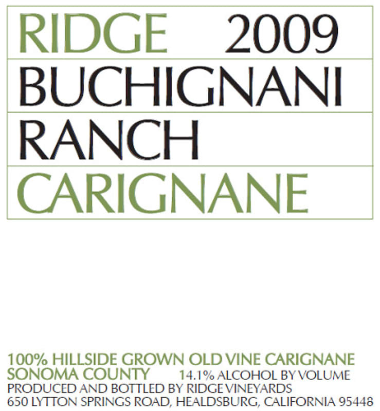 Ridge Buchignani Ranch Carignane 2009 Front Label