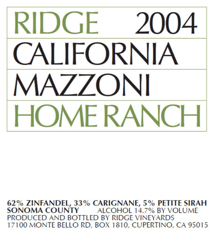 Ridge Mazzoni Home Ranch Zinfandel 2004 Front Label