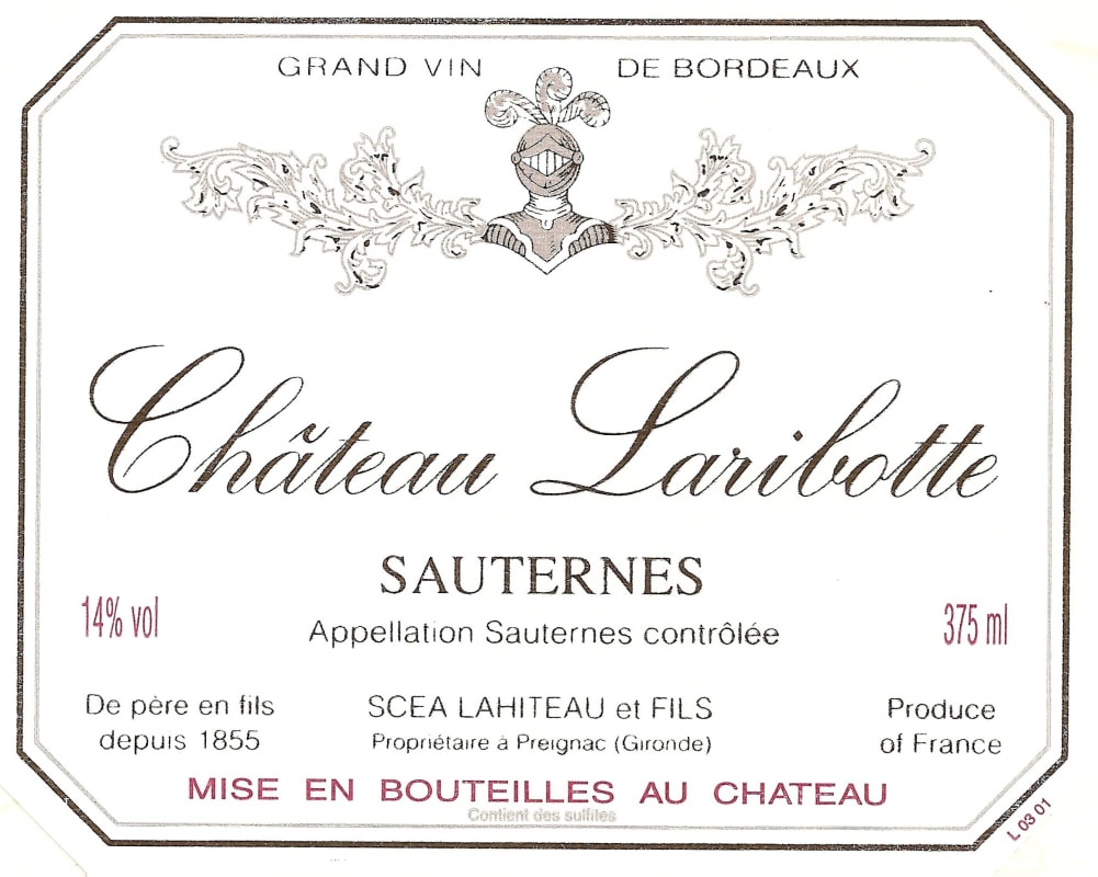 Chateau Laribotte Sauternes (375ML half-bottle) 2019 Front Label