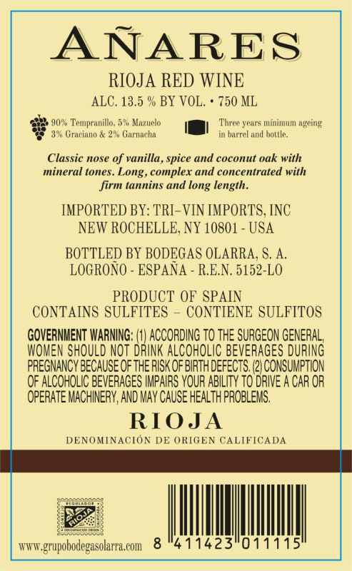 Bodegas Olarra Anares Reserva 2014 Front Label