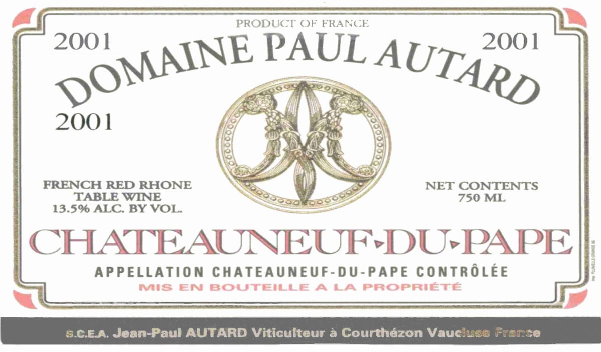 Domaine Paul Autard Chateauneuf-du-Pape 2001 Front Label