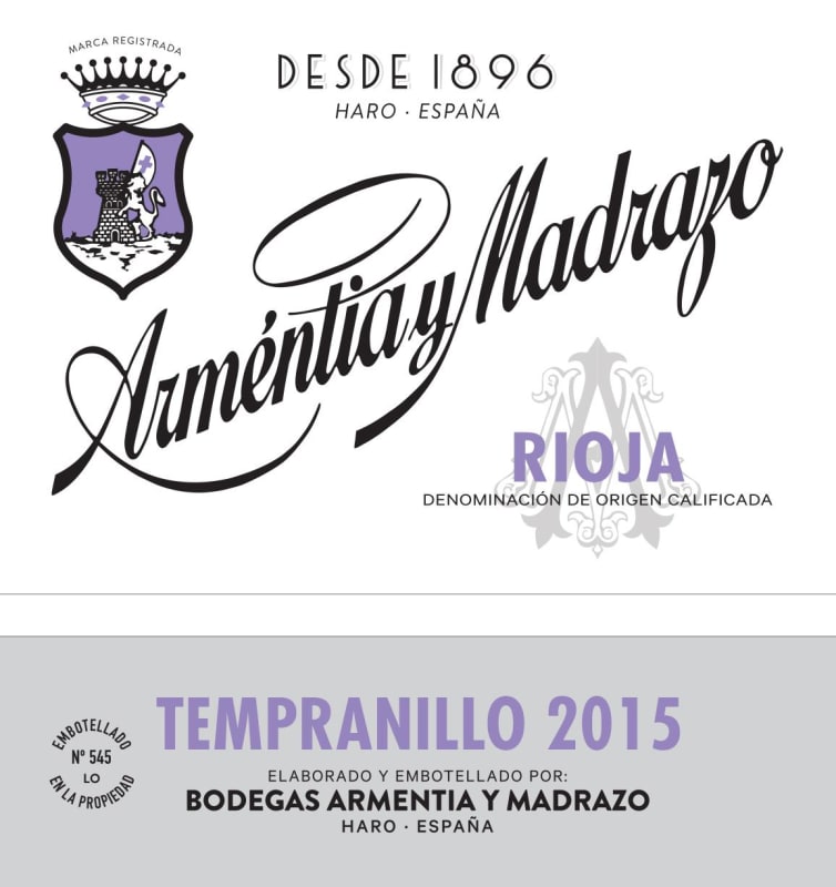 Armentia y Madrazo Tempranillo 2015 Front Label