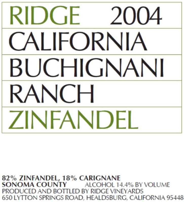 Ridge Buchignani Ranch Zinfandel 2004 Front Label