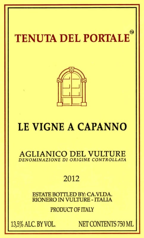 Tenuta del Portale Aglianico del Vulture La Vigne a Capanno 2012 Front Label
