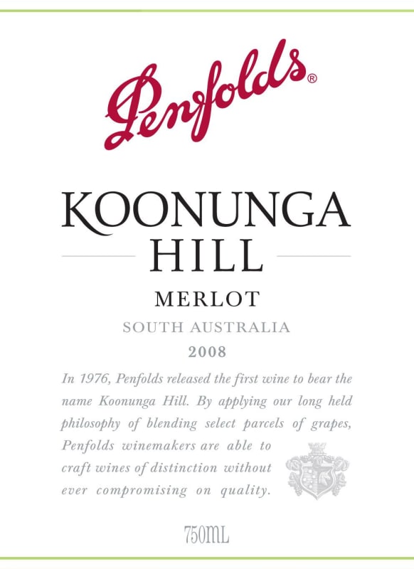 Penfolds Koonunga Hill Merlot 2008 Front Label