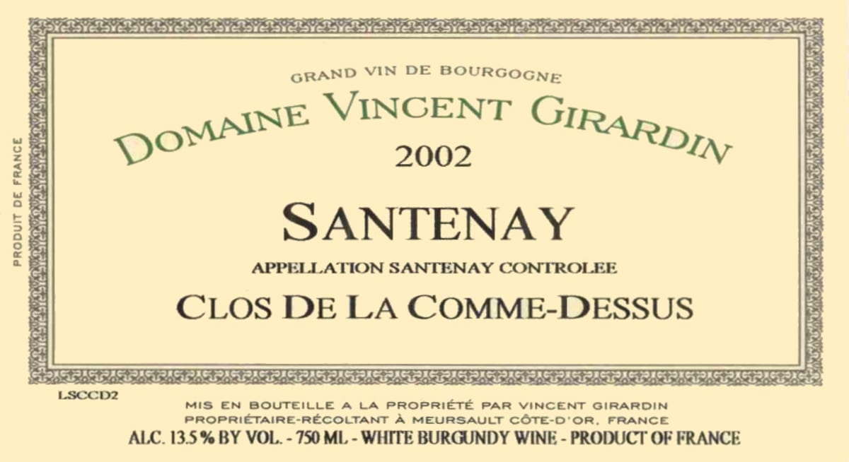 Vincent Girardin Santenay Clos de la Comme-Dessus Blanc 2002 Front Label