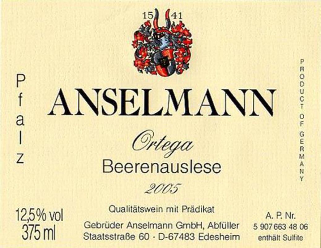 Weingut Anselmann Ortega Beerenauslese 2005 Front Label