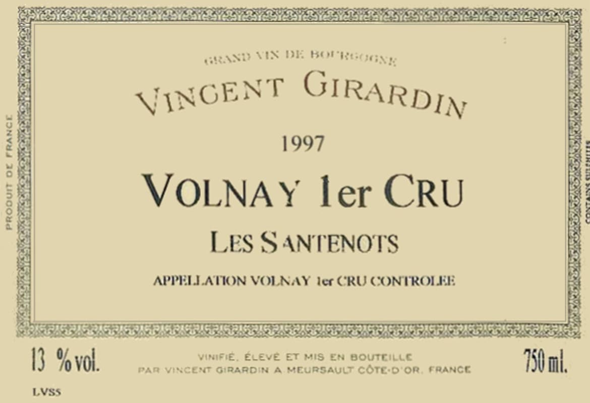 Vincent Girardin Volnay Les Santenots Premier Cru 1997 Front Label