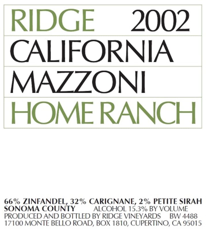 Ridge Mazzoni Home Ranch Zinfandel 2002 Front Label