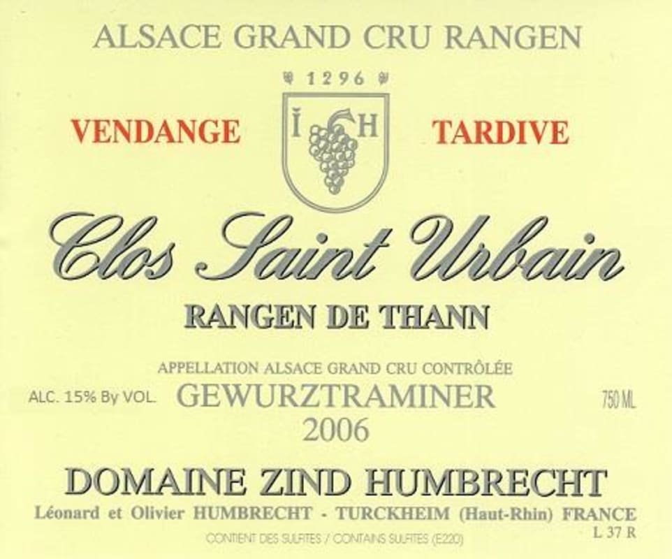 Zind-Humbrecht Clos Saint Urbain Rangen de ThannVendange Tardive Gewurztraminer Grand Cru 2006 Front Label