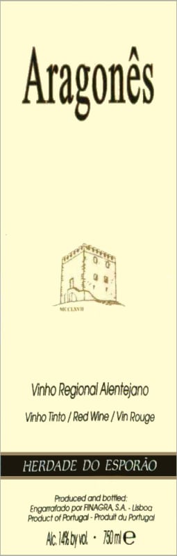 Herdade Do Esporao Aragones Tempranillo 2007 Front Label