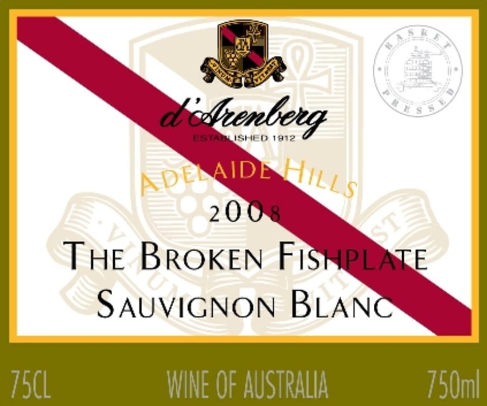 d'Arenberg The Broken Fishplate Sauvignon Blanc 2008 Front Label