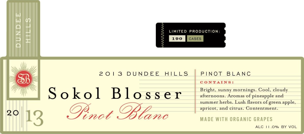Sokol Blosser Pinot Blanc 2013 Front Label