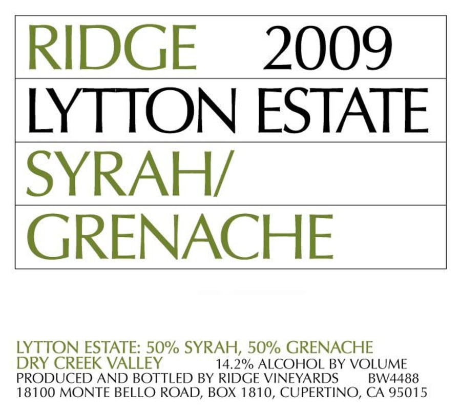 Ridge Lytton Estate Vineyard Grenache/Syrah 2009 Front Label