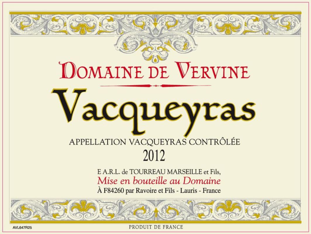 Domaine de Vervine Vacqueyras Red 2012 Front Label