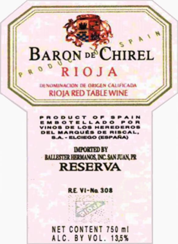 Marques de Riscal Baron de Chirel Reserva 2002 Front Label