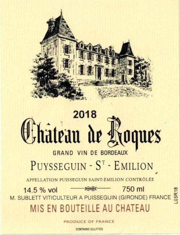 Chateau des Roques Puysseguin st. Emilion 2018 Front Label