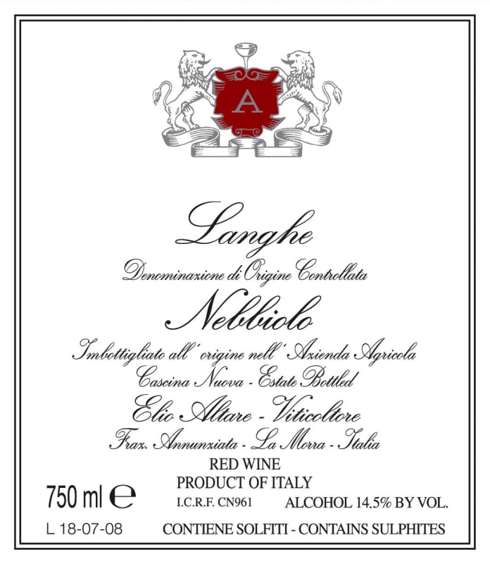 Elio Altare Langhe Nebbiolo 2015 Front Label