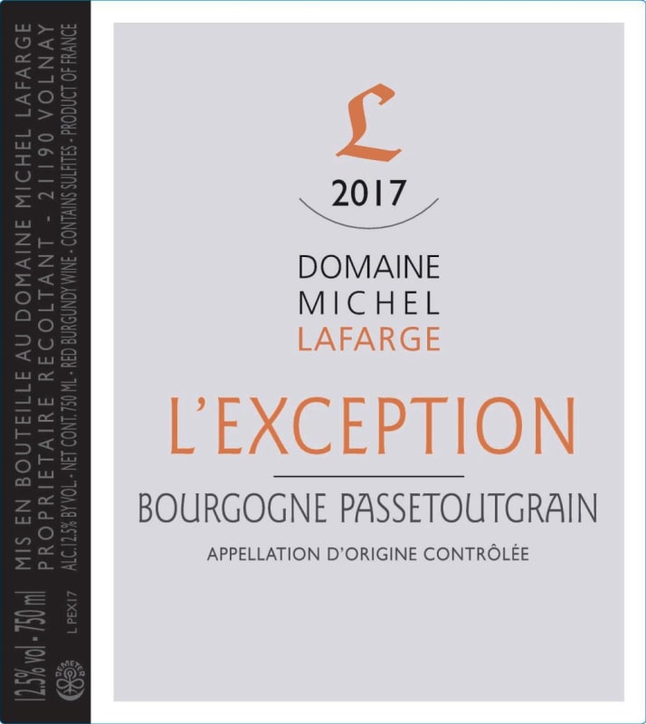 Domaine Michel Lafarge Bourgogne Passetoutgrain L'Exception 2017 Front Label